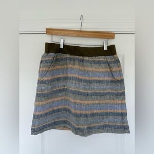 Toad&Co Olive-Waist Striped A-Line Skirt in Blue, Tan & Olive